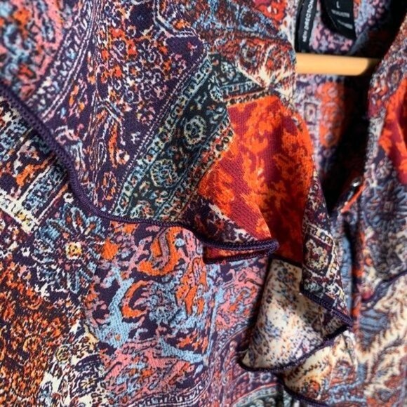 New Directions Boho Patchwork Blouse Large V-Neck Bell Sleeve Fall Top - Picture 7 of 10